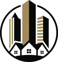 Modern city skyline and residential homes logo design symbolizing real estate growth