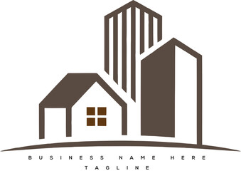 Modern architectural buildings and a house representing real estate development and property services