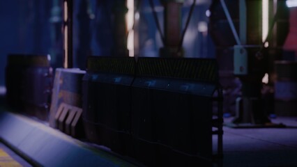 Naklejka premium In a dimly lit industrial space, shadows dance across machinery and metal surfaces. Vibrant lights illuminate the area, revealing intricate details of the equipment, creating a mysterious atmosphere.