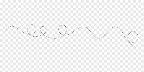 Hand drawn curve dotted line. Curly dotted line. Long dashed hand drawn squiggle. Dotted spiral curve line. Vector illustrator
