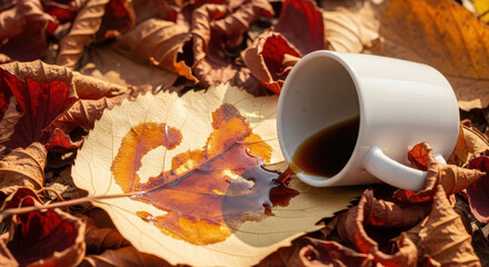Spilled Coffee Mug on Yellow Autumn Leaf Surrounded by Fall Foliage