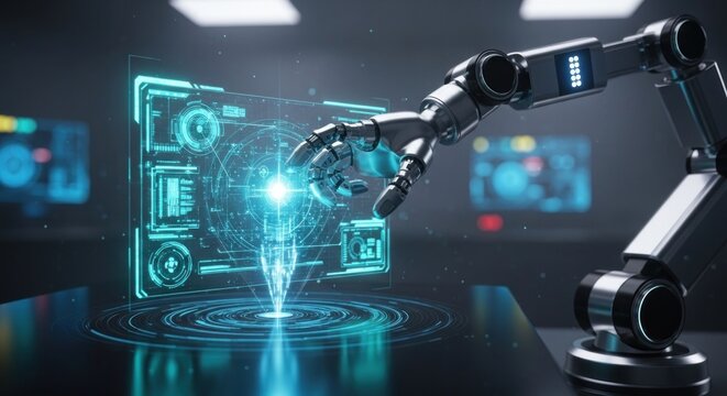 A robotic arm interacts with a digital interface in a futuristic laboratory setting.