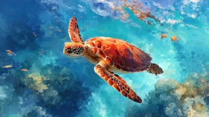 Fototapeta premium Artistic Sea Turtle Swimming in Turquoise Waters, Oil Painting Style.