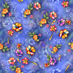 Floral Background Color Pattern Image Cute Graphics Digital Vintage Colour.Tropical seamless pattern background with exotic flowers, palm leaves, jungle leaf, hibiscus, orchid flower