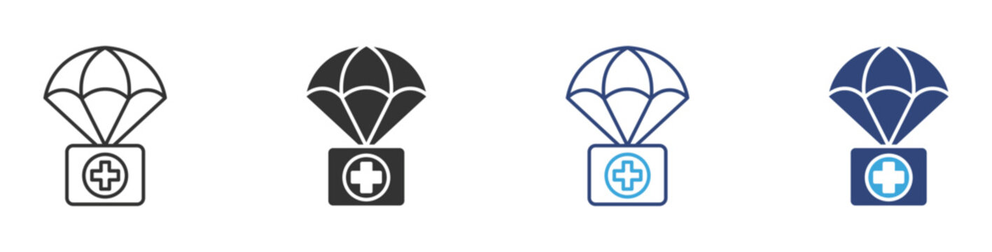Parachute with medical supply icon set, Medical box delivery icon , vector illustration. 