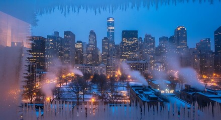 Obraz premium Cityscape at dusk with illuminated buildings steam and winter atmosphere