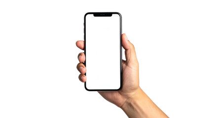 Hand holding a smartphone with blank white screen, isolated against black background