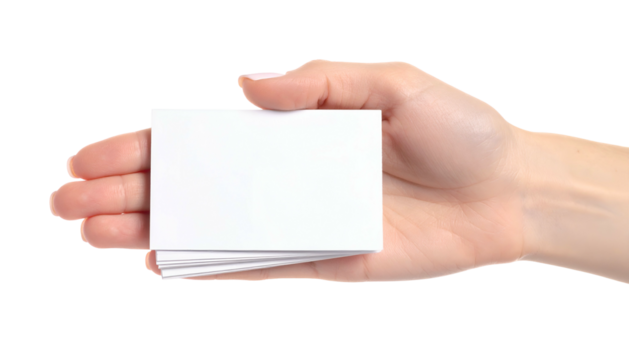 Hand presenting a stack of blank rectangular cards with a clean white surface