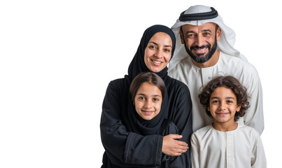 Fototapeta premium Happy Arab family in traditional attire smiling at the camera, isolated on transparent background