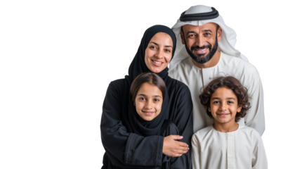 Happy Arab family in traditional attire smiling at the camera, isolated on transparent background