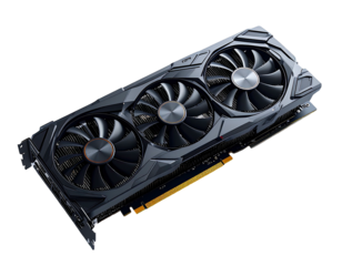 Angled shot showcasing a high-performance computer graphics card with three cooling fans