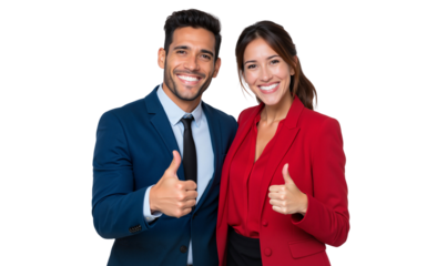 Two business people smiling and giving thumbs up, isolated on white background