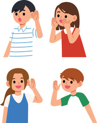 Smile Children Speaking with Hand to Mouth, Young People Listening Carefully with Hand on Ear, Cute Boy and Girl Communicate Each Other, Speaking and Hearing Gesture illustration
