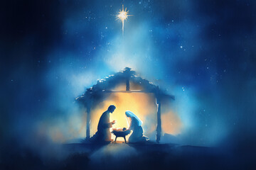 Nativity Scene in Blue Colors Watercolor Illustration