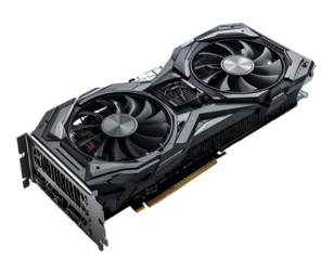 Angled, modern computer hardware component with dual cooling fans, metal heatsink, and various ports