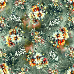 Floral Background Color Pattern Image Cute Graphics Digital Vintage Colour.Tropical seamless pattern background with exotic flowers, palm leaves, jungle leaf, hibiscus, orchid flower