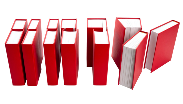 Group of red books arranged on a stark black background, showcasing spines and pages