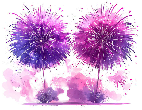 Watercolor illustration of two stylized fireworks exploding with vibrant purple and pink hues
