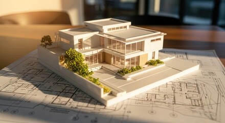 A miniature architectural model of a modern house on a blueprint.