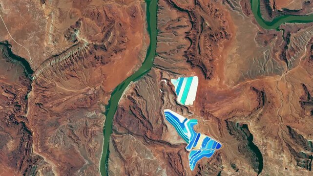 Top view on potash ponds, red rocks, deserted dry area with canyon of a river. Camera is moving backward and left. Animation based on image by NASA