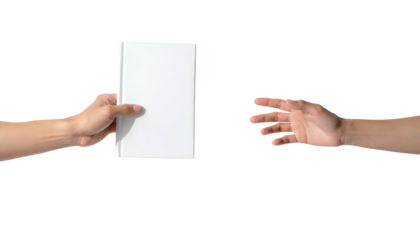 Two hands, one offering a blank book, another reaching for it, isolated on black