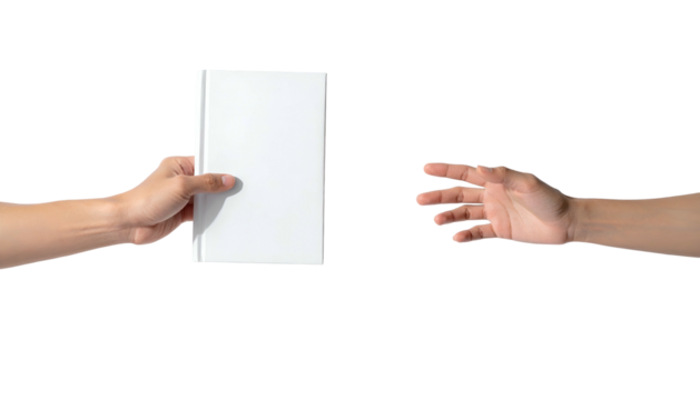 Two hands, one offering a blank book, another reaching for it, isolated on black