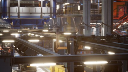 Inside a bustling industrial facility, bright lights illuminate intricate machinery and metal structures. Workers navigate the space, creating a lively atmosphere of productivity and innovation.
