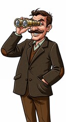 Vintage cartoon man flirting with a charming smile through binoculars in a brown suit