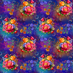 Floral Background Color Pattern Image Cute Graphics Digital Vintage Colour.Tropical seamless pattern background with exotic flowers, palm leaves, jungle leaf, hibiscus, orchid flower