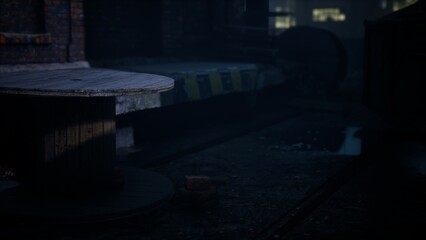 In a dimly lit alley, a large wooden spool rests quietly on the ground. Surrounding shadows deepen as dusk approaches, hinting at the mysteries of the urban landscape.