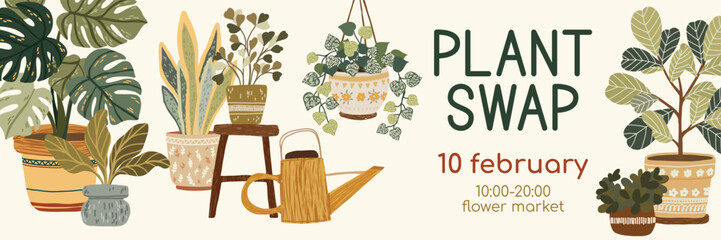 Botanical event banner design with house plants