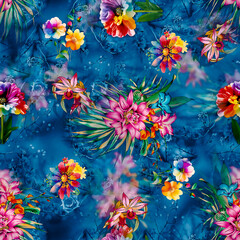 Floral Background Color Pattern Image Cute Graphics Digital Vintage Colour.Tropical seamless pattern background with exotic flowers, palm leaves, jungle leaf, hibiscus, orchid flower