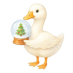 Duck holding snow globe with Christmas tree inside, festive