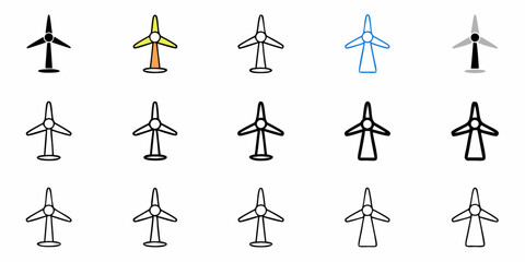 Set of modern wind turbine icons representing sustainable energy, clean power generation, and environmental concepts, ideal for eco-friendly branding and design