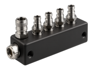 Compact distribution manifold with quick-release fittings for easy integration in new