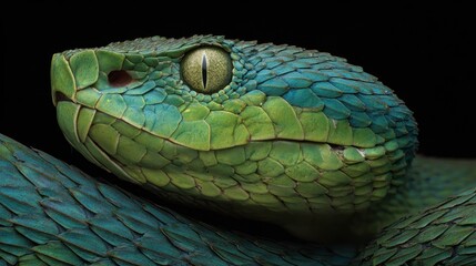 Obraz premium Extreme Close-Up of a Vibrant Green Pit Viper's Head with Intense Yellow Eye