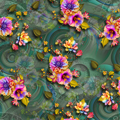 Floral Background Color Pattern Image Cute Graphics Digital Vintage Colour.Tropical seamless pattern background with exotic flowers, palm leaves, jungle leaf, hibiscus, orchid flower