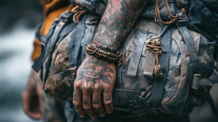 Fototapeta premium Intricately Tattooed Arm of a Rugged Traveler Resting on a Muddy, Worn Backpack