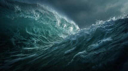 Powerful Teal Ocean Wave Breaking with Foaming Spray Under a Dramatic Dark Sky
