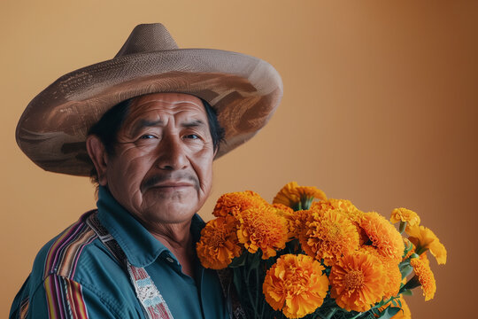 A man wearing a sombrero is holding a bouquet of flowers. Day of the Dead, mexico,