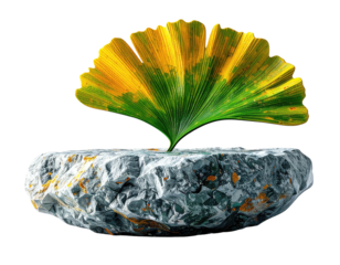 A vibrant gingko leaf emerges from a gray stone, rendered against a black background