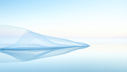 柔らかな朝の光と青いベールが揺れる透明感のある風景｜Soft Morning Light with Flowing Blue Veil