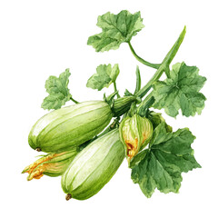 Zucchini On Vine Set, watercolor drawing vector, isolated on a white background.