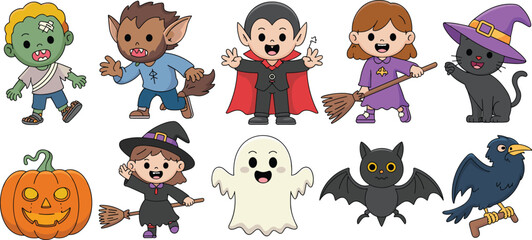 Naklejka premium Cartoon Halloween characters including zombie, werewolf, vampire, witches, ghost, pumpkin, bat, black cat, raven, festive spooky children costume vector illustration