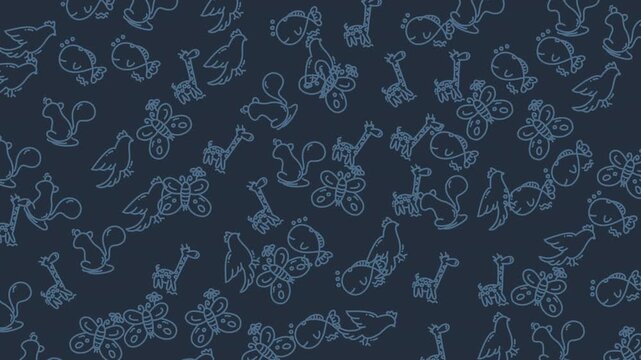 Cute seamless pattern with hand-drawn doodles of animals such as giraffes, birds, and squirrels on a dark blue background. Ideal for kids&rsquo; textiles, wallpapers, or playful design themes.