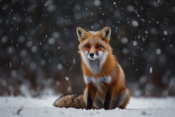 Obraz premium A red fox sits in the snow, its fur covered in snowflakes, looking directly at the camera with a serene expression