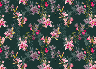 Floral Background Color Pattern Image Cute Graphics Digital Vintage Colour.Tropical seamless pattern background with exotic flowers, palm leaves, jungle leaf, hibiscus, orchid flower