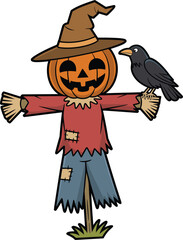 Cartoon scarecrow, pumpkin head, Halloween theme, vector illustration, autumn decoration, jack-o'-lantern face, crow perched, spooky design, straw limbs, seasonal art