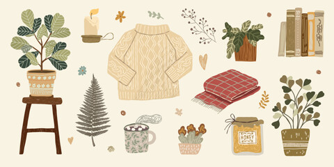 Hand drawn autumn illustration with home details