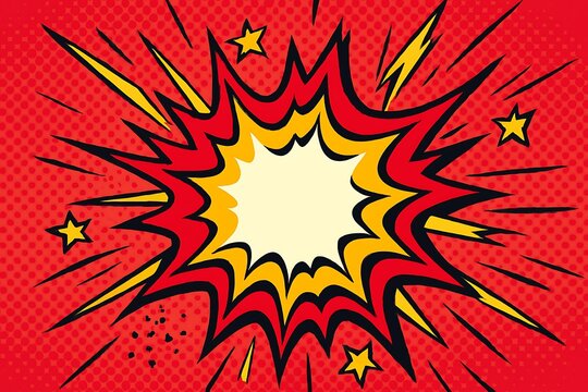 Comic book style explosion with yellow stars and lightning on a red halftone background.